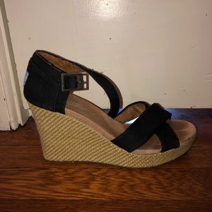 Toms Black Canvas Strappy Wedges